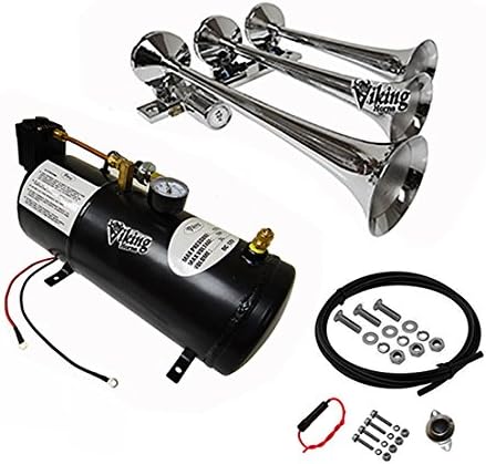 Extremely Loud 149dB. Chrome 3 Trumpet Air Horn Kit with Compressor and Air Tank