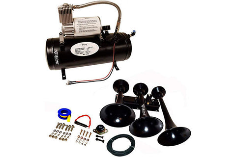 Insanely Loud 170dB. Black 3 Trumpet Air Horn Kit with Compressor and Air Tank