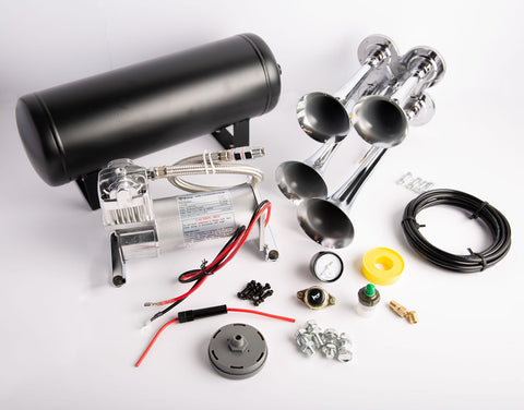 Extra Loud 149dB. Chrome 4 Trumpet Air Horn Kit with Compressor and Air Tank