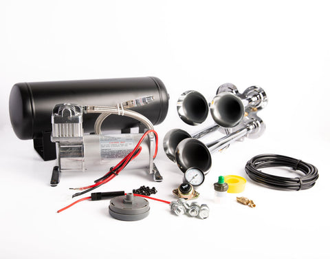 Extra Loud 149dB. Chrome 4 Trumpet Air Horn Kit with Compressor and Air Tank