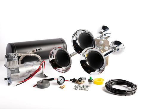 Extra Loud 152dB. Chrome 3 Trumpet Air Horn Kit with Compressor and Air Tank