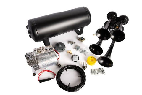 Very Loud 145dB. Black 4 Trumpet Air Horn Kit with Compressor and Air Tank
