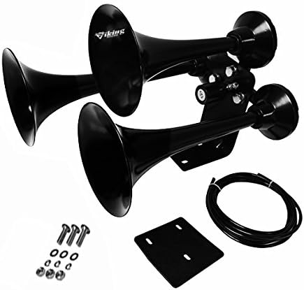 Extra Loud 152dB. Black 3 Trumpet Air Horn Kit with Compressor and Air Tank