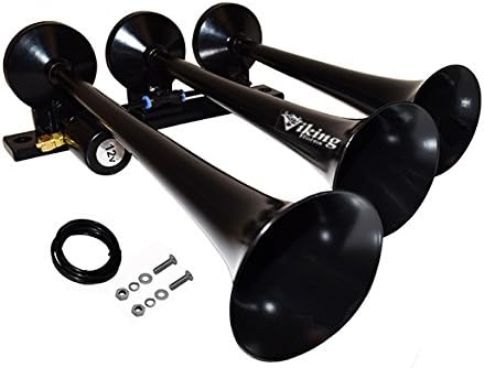 Extremely Loud 149dB. Black 3 Trumpet Air Horn Kit with Compressor and Air Tank