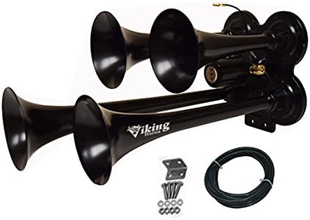 Extra Loud 149dB. Black 4 Trumpet Air Horn Kit with Compressor and Air Tank