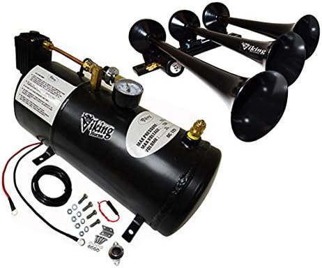 Extremely Loud 149dB. Black 3 Trumpet Air Horn Kit with Compressor and Air Tank