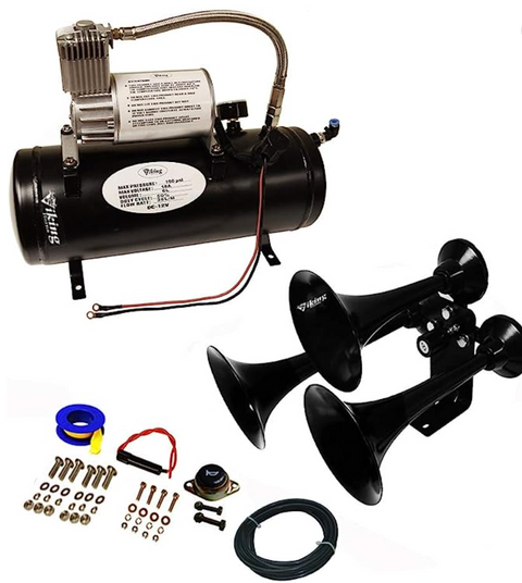 Extra Loud 152dB. Black 3 Trumpet Air Horn Kit with Compressor and Air Tank