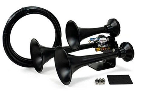 Extremely Loud 152 dB. Black 3 Trumpet Air Horn Kit with Compressor and Air Tank