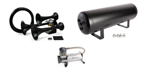 Extremely Loud 152 dB. Black 3 Trumpet Air Horn Kit with Compressor and Air Tank