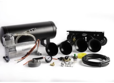 Extra Loud 149dB. Black 4 Trumpet Air Horn Kit with Compressor and Air Tank