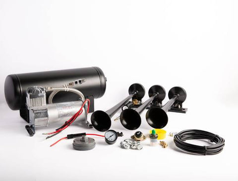 Extra Loud 149dB. Black 3 Trumpet Air Horn Kit with Compressor and Air Tank
