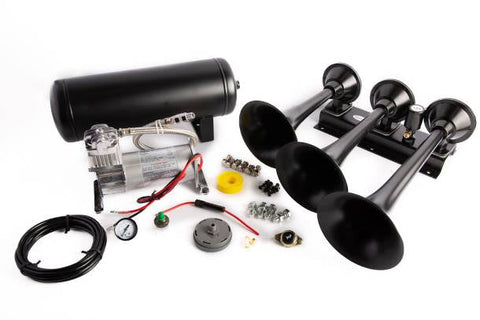 Extra Loud 152 dB. Black 3 Trumpet Air Tank Kit with Compressor and Air Tank