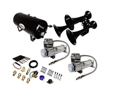 Insanely Loud 170dB. Black 3 Trumpet Air Horn Kit with 2 Compressors and Air Tank