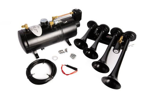 Extremely Loud 149dB. Black 4 Trumpet Air Horn Kit with Compressor and Air Tank