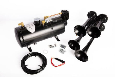 Very Loud 142dB. Black 4 Trumpet Air Horn Kit with Compressor and Air Tank