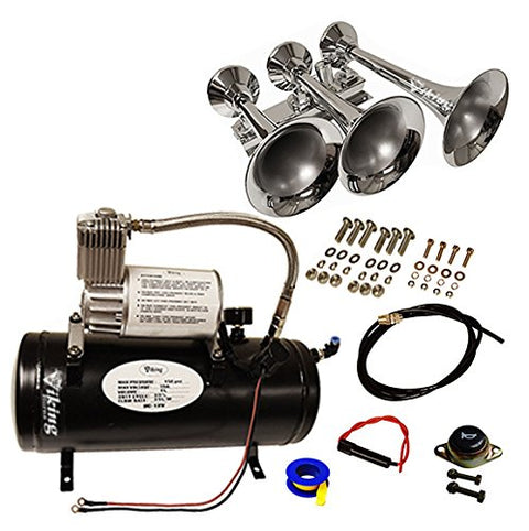 Insanely Loud 170dB. Chrome 3 Trumpet Air Horn Kit with Compressor and Air Tank