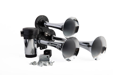 Loud 139 dB. Chrome Three Trumpet Air Horn with Dual Air Compressors