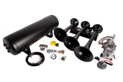 Extremely Loud 152dB. Black 3 Trumpet Air Horn Kit with Compressor and Air Tank