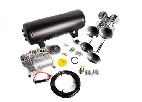 Very Loud 145dB. Chrome 4 Trumpet Air Horn Kit with Compressor and Air Tank