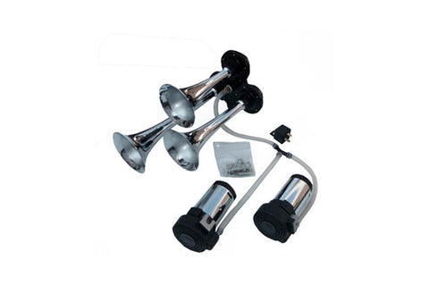 Loud 139 dB. Chrome Three Trumpet Air Horn with Dual Air Compressors